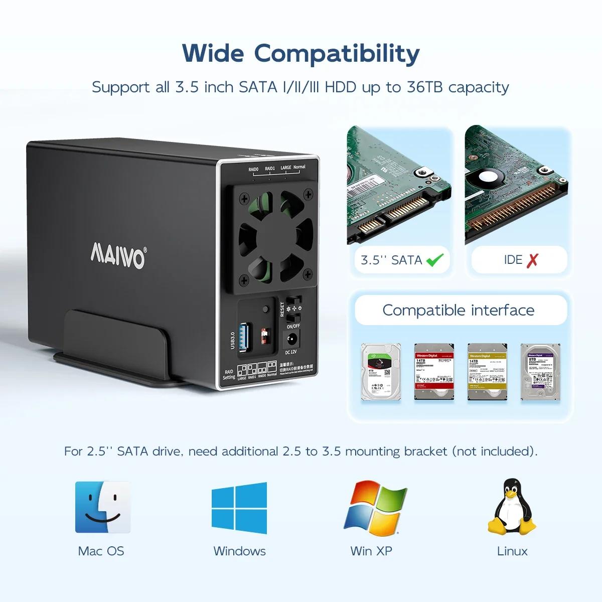 MAIWO 3.5 pouces SATA RAID HDD Station d'accueil double baie disque dur externe boîtier RAID USB3.0 