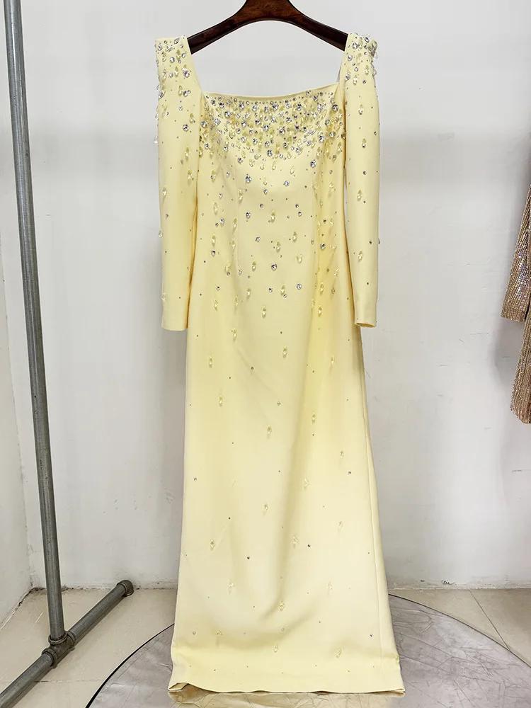 Robe longue maxi pour femme, col carré, perles et diamants, manches longues, nouvelle mode 2026, hau