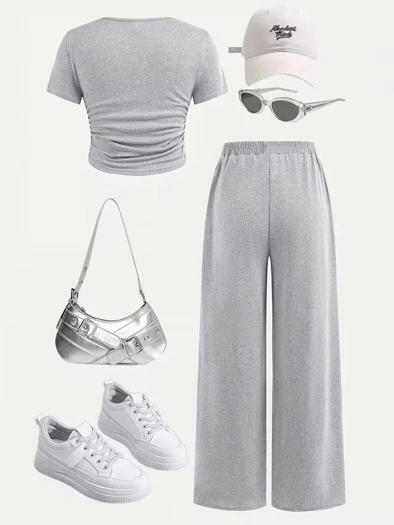 Ensemble 2 pièces en tricot gris pour filles – Haut court froncé à boutons sur le devant et pantalon