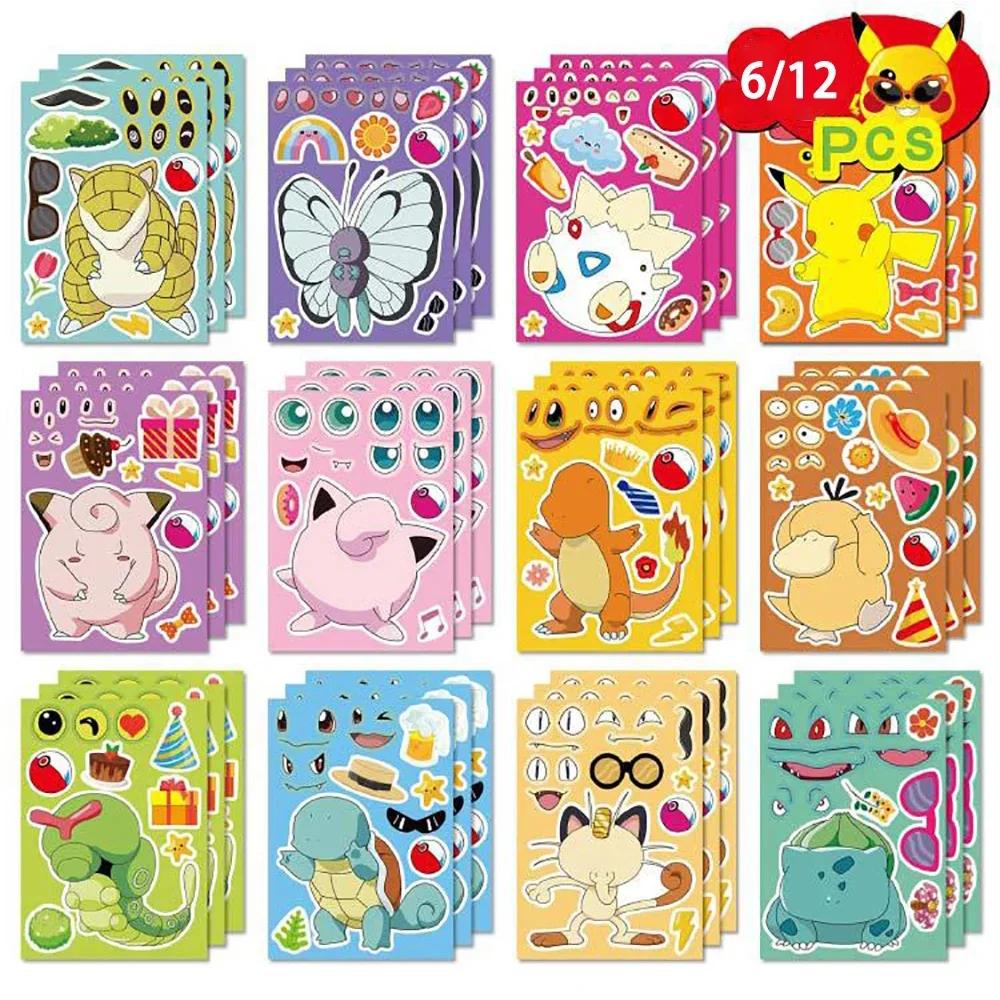 6/12 feuilles Pokemon enfants Puzzle Anime autocollants faire un visage assembler drôle dessin animé