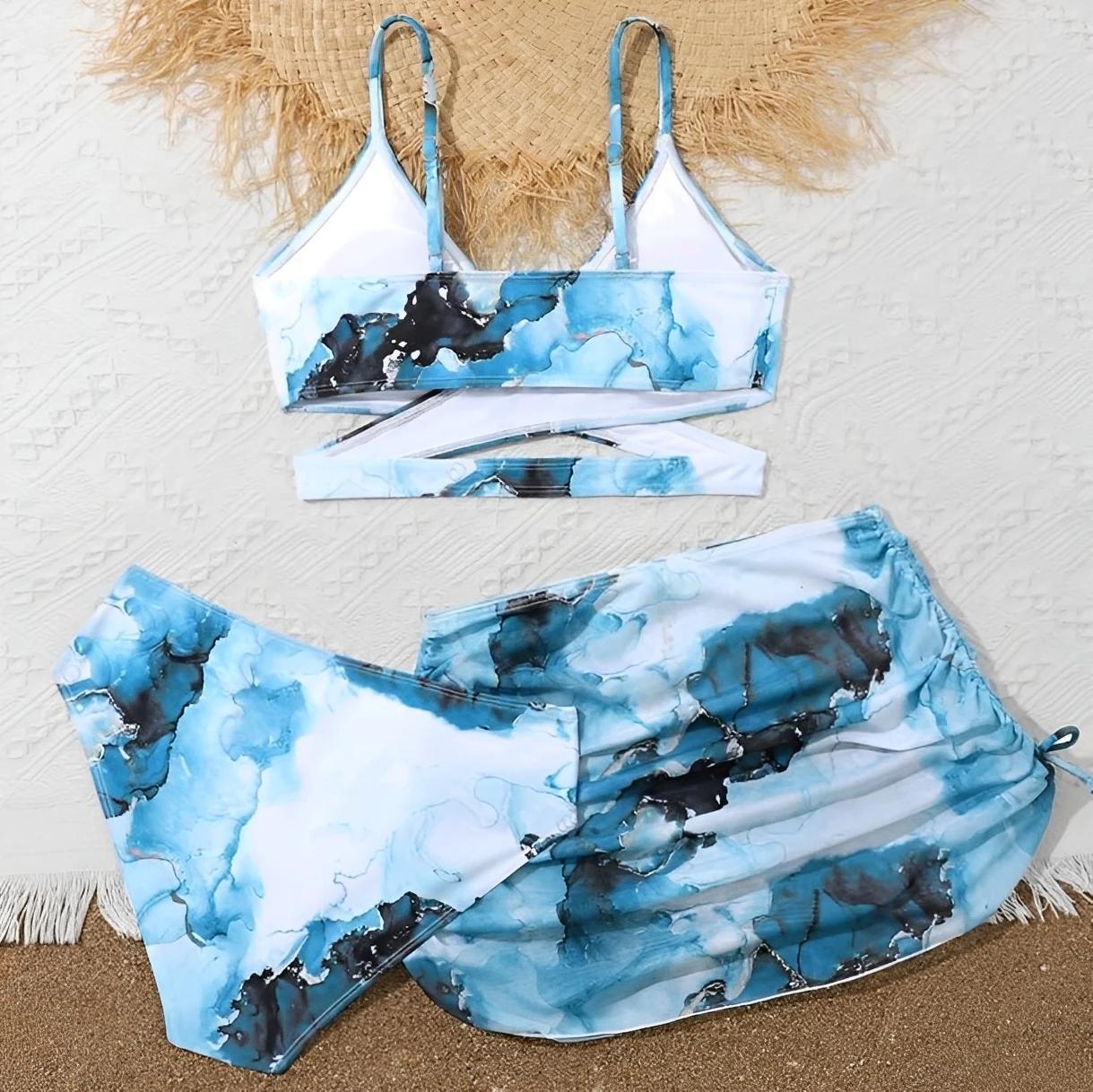 Maillot de bain 3 pièces imprimé Tie-Dye 2026 pour filles avec jupe, maillot de bain pour enfants, t