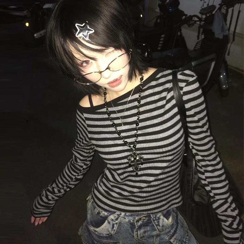 Genayooa japonais Y2k T-shirt femmes à manches longues épaules nues rayé culture hauts Y2k Grunge 20