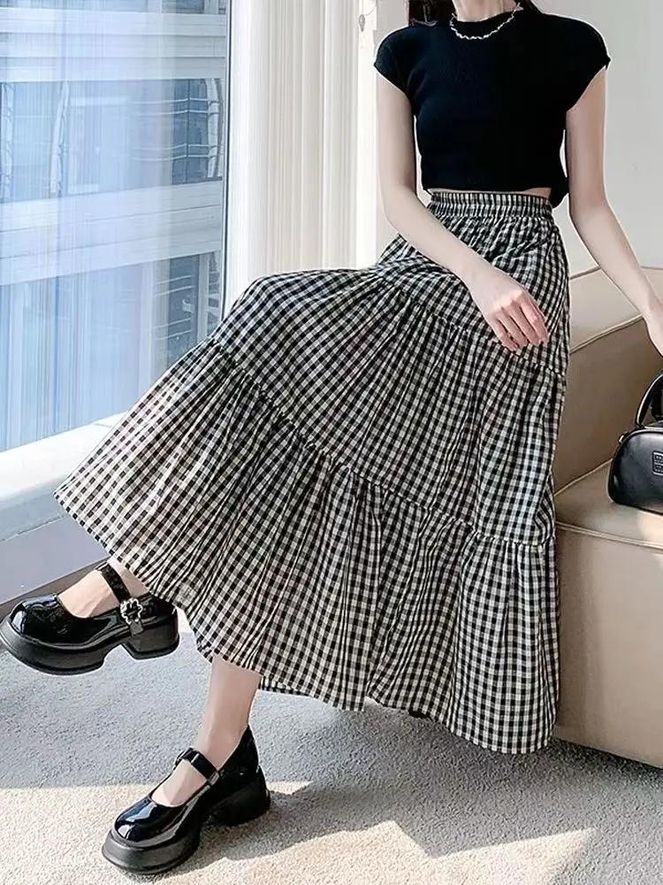 Jupe à plusieurs niveaux en Patchwork pour femmes, Vintage, à carreaux, taille haute, taille élastiq
