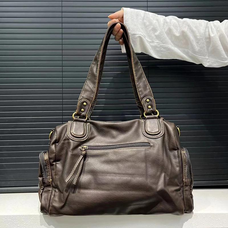 Sac fourre-tout Y2K tendance pour femme, style punk motard, grande capacité, en cuir PU, sac bandoul