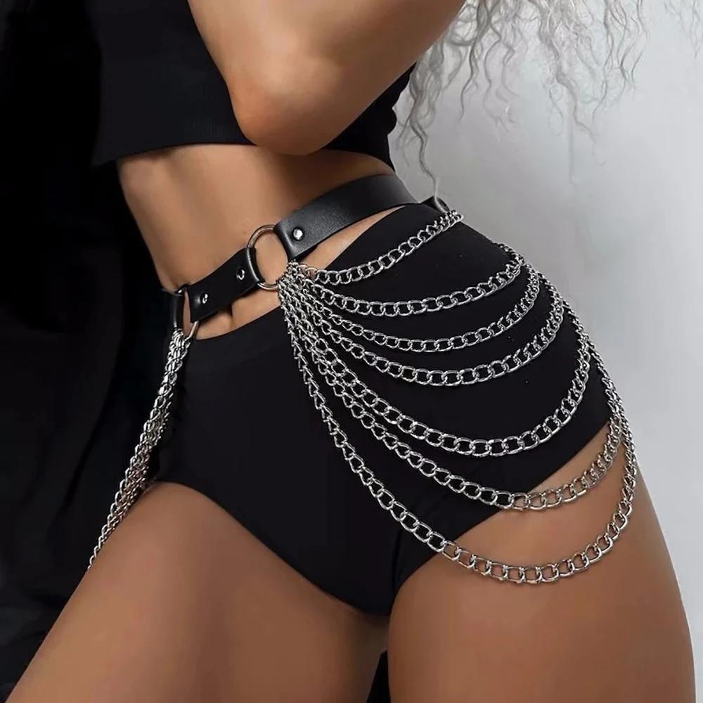 Ceinture gothique Punk en cuir PU noir avec frange, chaîne de taille harnais réglable pour femmes, a