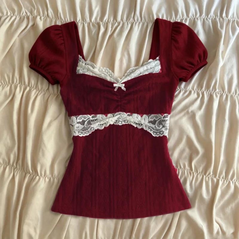 Hauts Y2K Grunge à manches courtes pour femmes, chemise estivale en dentelle patchwork, style coquet