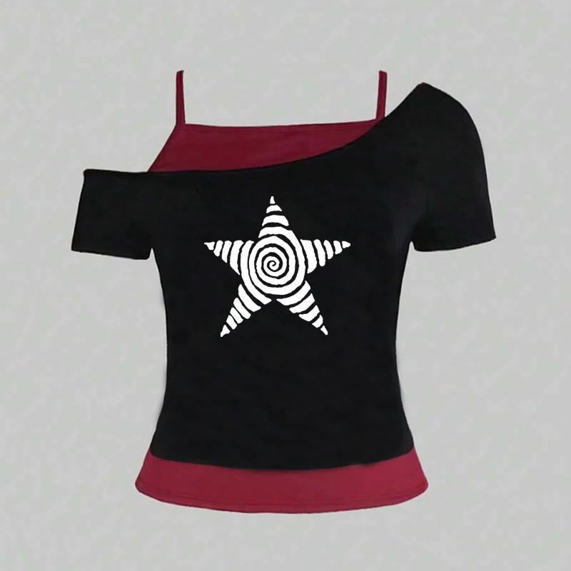 T-Shirt décontracté pour femmes, Harajuku 2025, Streetwear rétro Y2K, col licou imprimé, faux ensemb