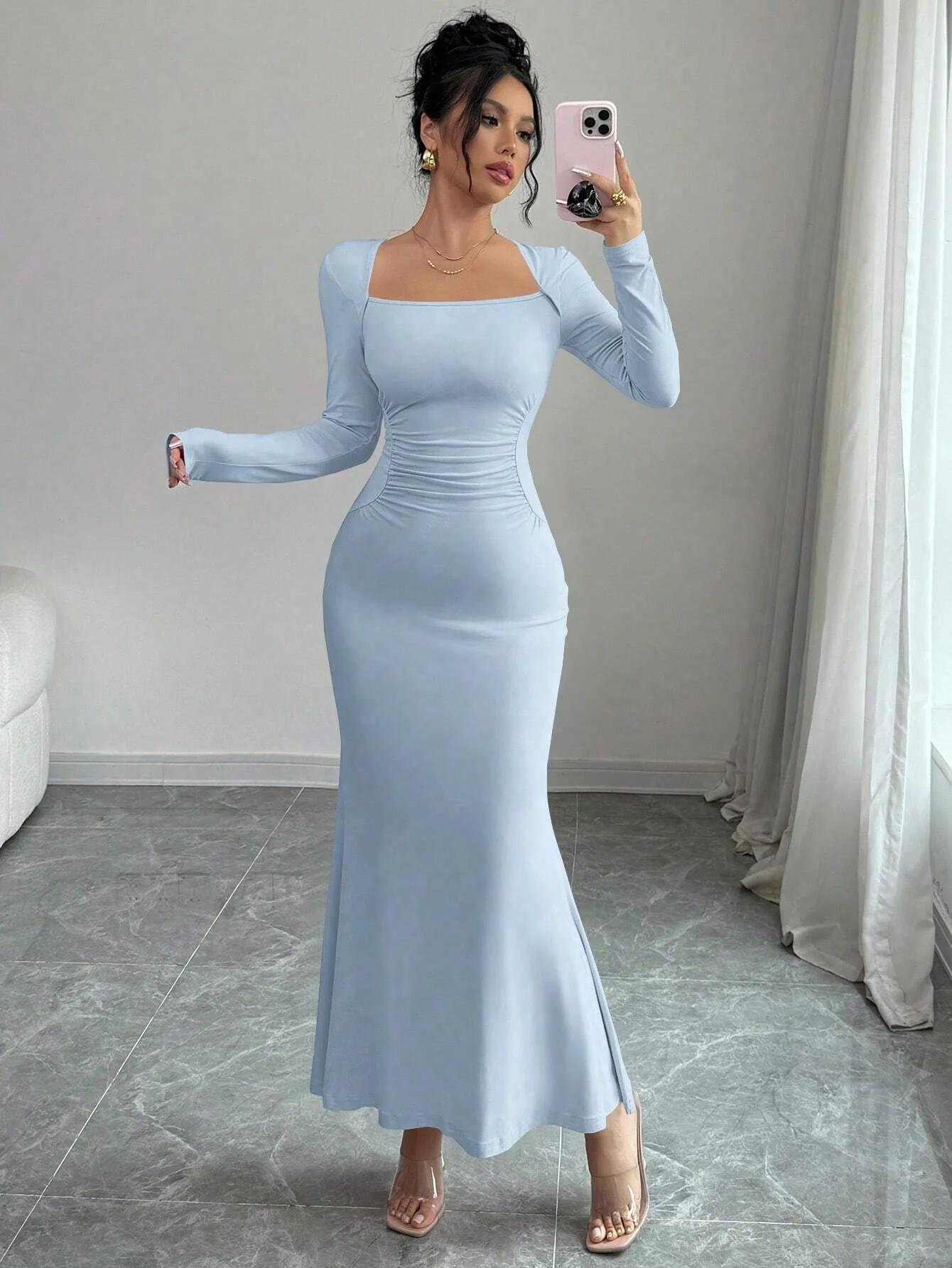 Robe quatre saisons pour femmes, nouveau Style, tempérament élégant, rétro, couleur unie, col carré,