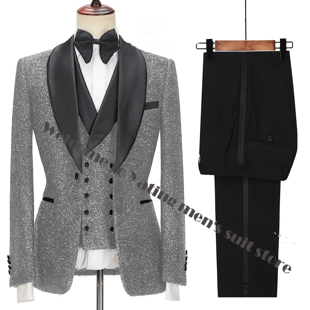 Dernières conceptions de manteau et de pantalon pour hommes, costumes noirs brillants à la mode pour