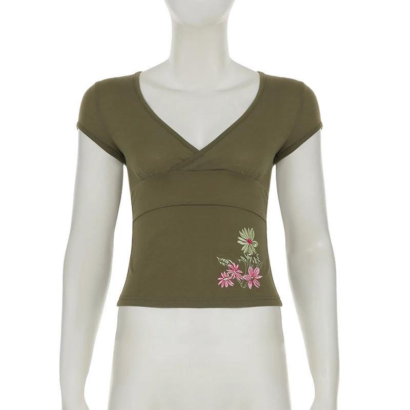 SUCHCUTE rétro Geen broderie florale col en V manches hauts Y2k femmes mince T-shirt Chic Streetwear