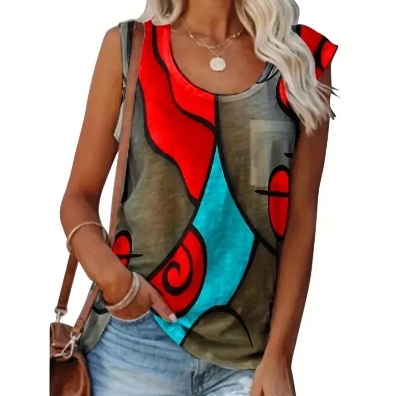 Grande taille 1XL-8XL femmes mode sans manches Colorblock imprimé réservoirs dames décontracté col r