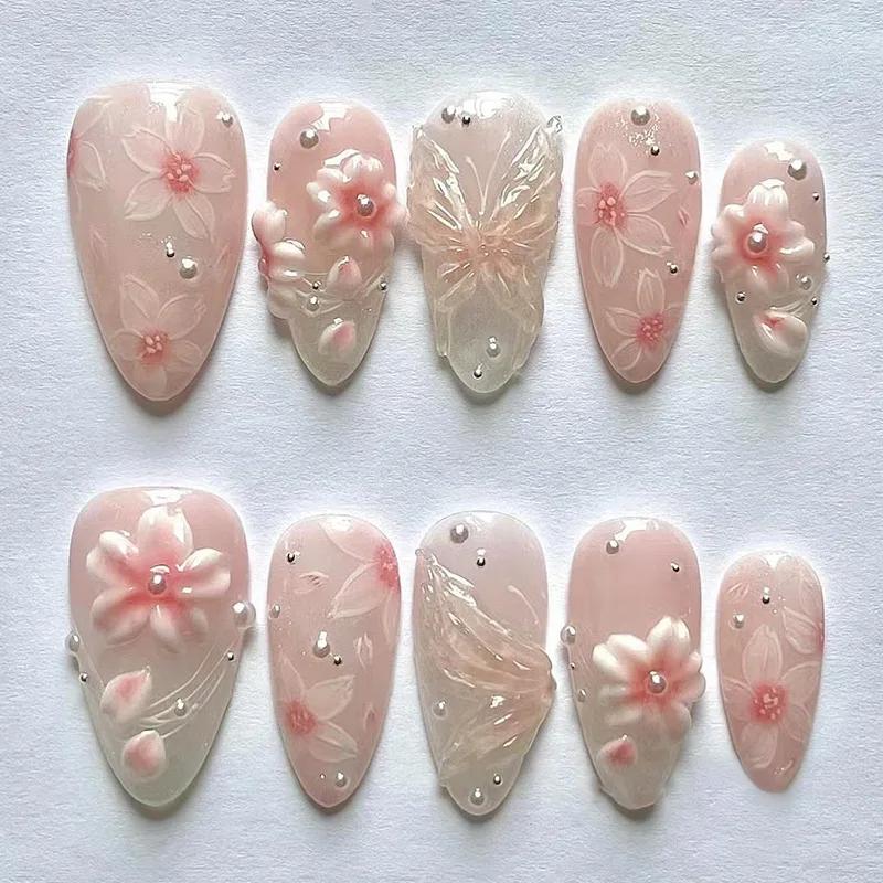 24 faux ongles à presser de longueur moyenne, forme amande, motif floral 3D ondulé, couverture compl