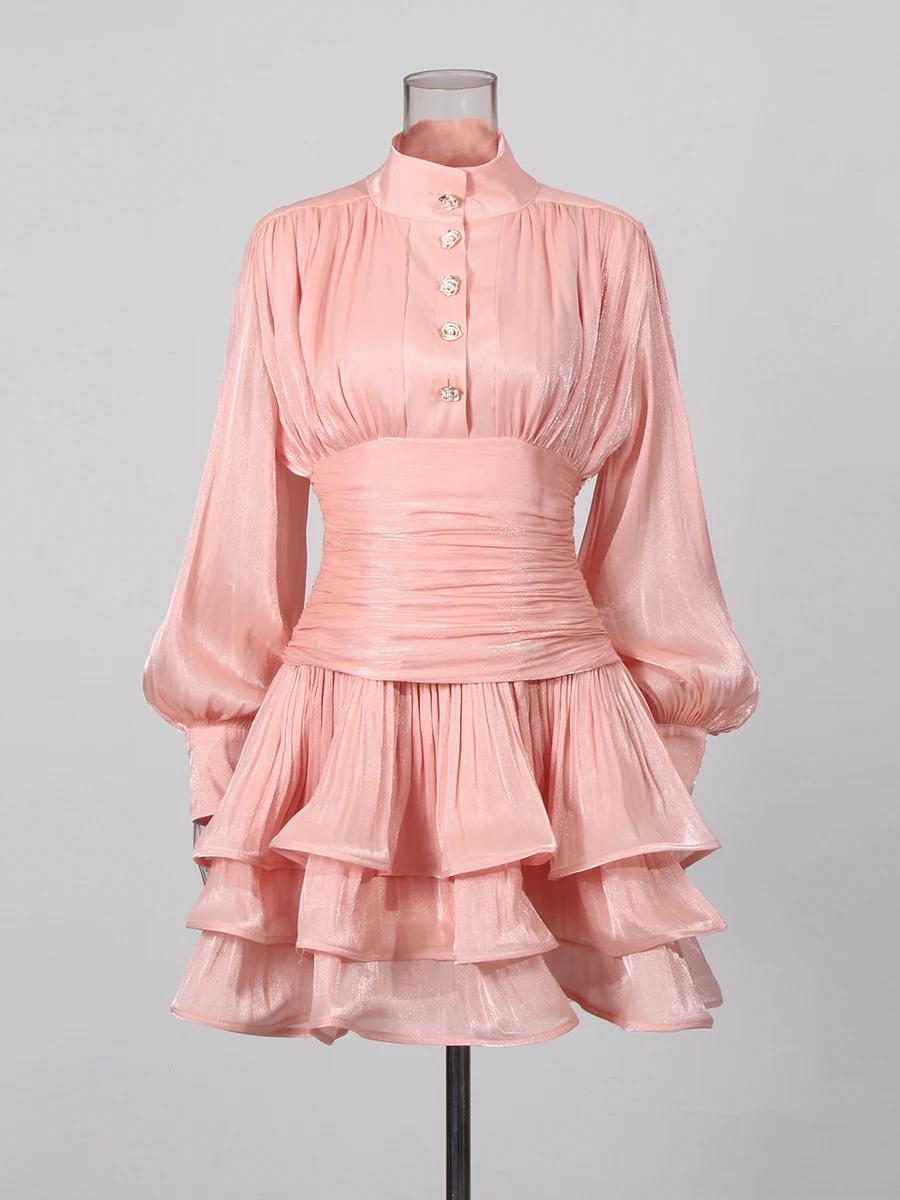 TWOTWINSTYLE élégant minceur épissé volants plis Mini robes pour les femmes col montant manches long