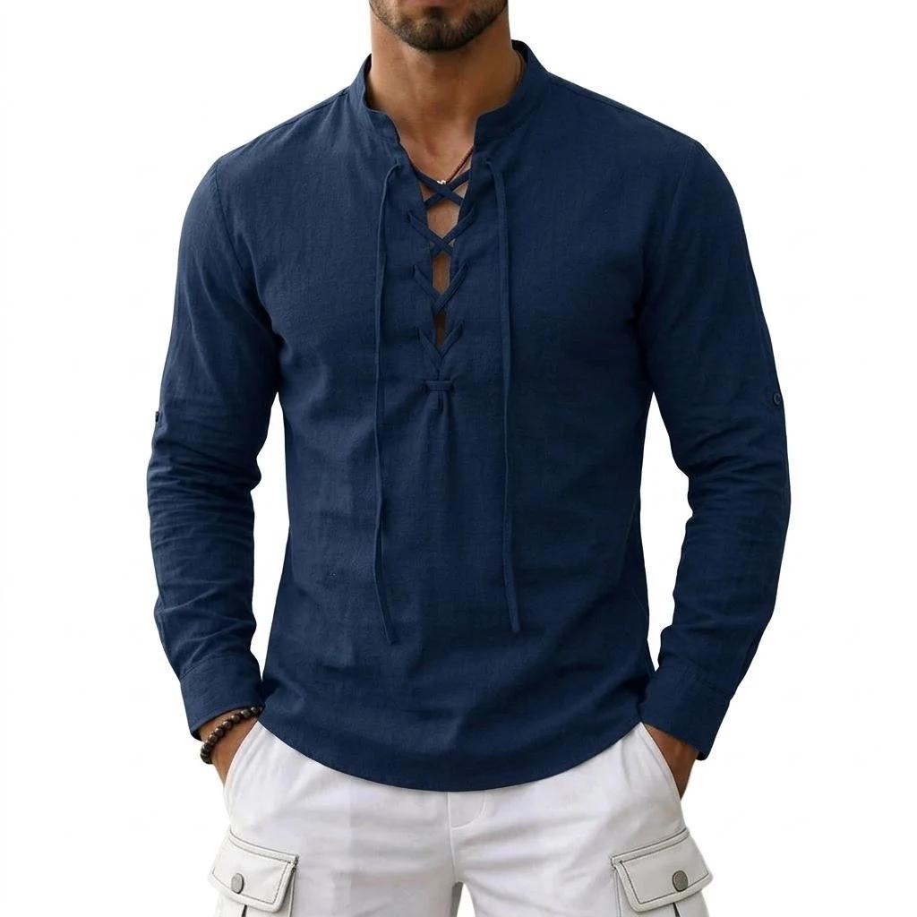 T-shirts en lin à manches longues pour hommes, style médiéval vintage viking, chemises en coton pour