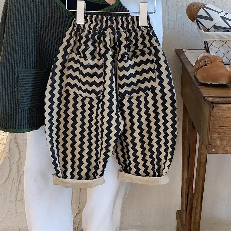 Nouveau pantalon large à rayures zigzag pour enfants, taille élastique, avec poches, pour garçons et