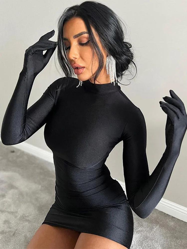 Mini robe moulante à manches longues avec gants, couleur unie, Sexy, Streetwear, tenue de fête, demi