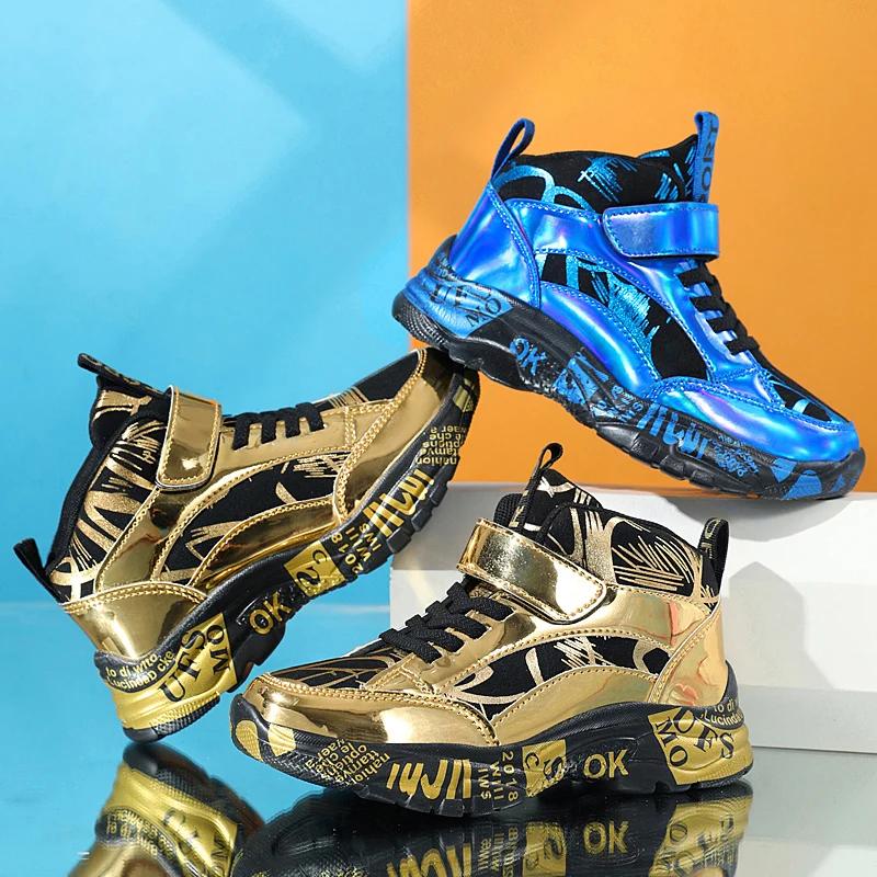 Nouveaux enfants espadrilles décontractées mode doré enfants chaussures basket-ball en cuir baskets