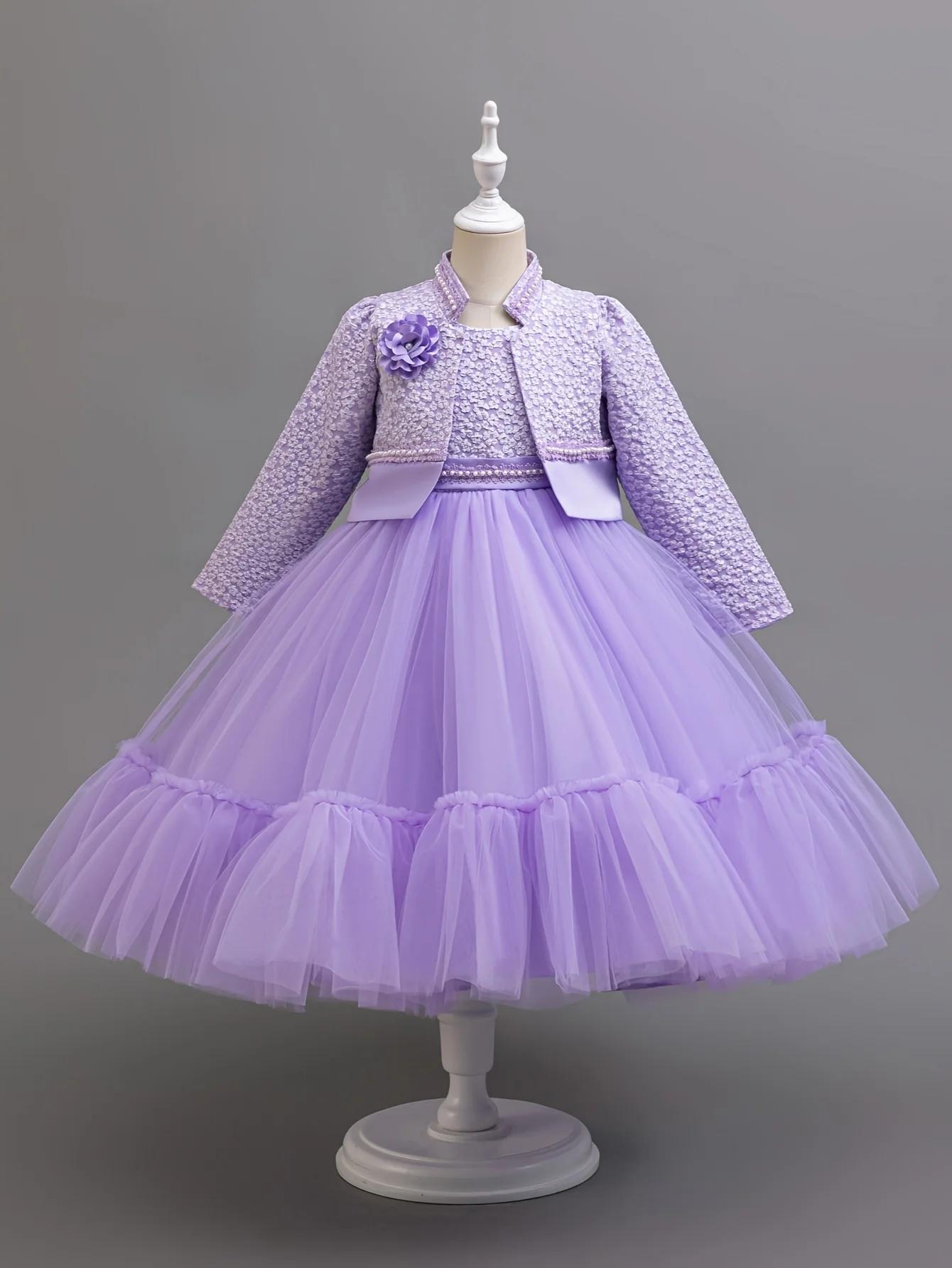 Ensemble de robe en dentelle de Lotus kaki pour filles, vêtements de princesse mignons et manteau, à