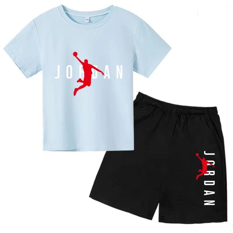 Ensemble deux pièces été 2026 pour enfants : T-shirt blanc et short, imprimé lettres de basket-ball,