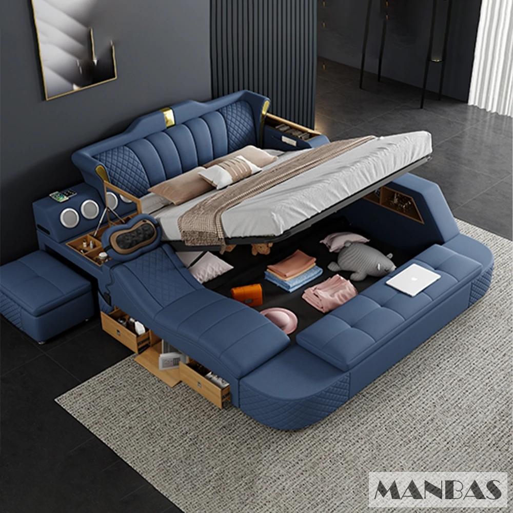 MINGDIBAO-Lit intelligent pour 2 personnes avec cadre King Size, lit Queen, cuir véritable, massage,