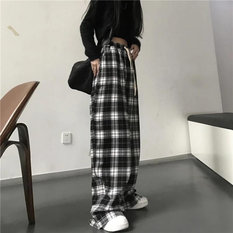 Pantalon de Survêtement Surdimensionné à Carreaux Noirs pour Femme, Baggy Décontracté, Taille artifi