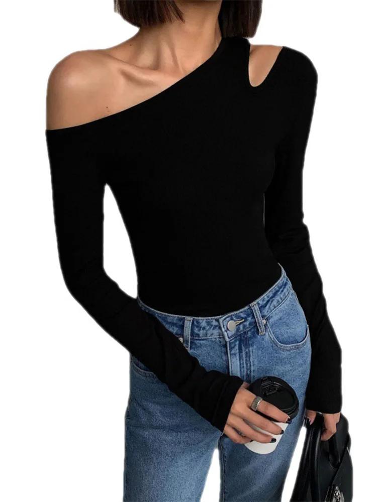 Mode col incliné épaules dénudées à manches longues T-shirts femmes printemps nouveau solide coupe a