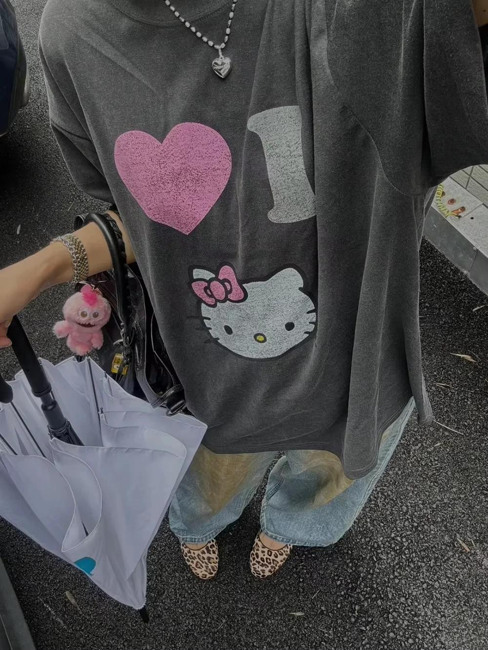 T-shirt Y2K Hello Kitty avec impression Anime, col rond ample, dessin animé original, à la mode, con