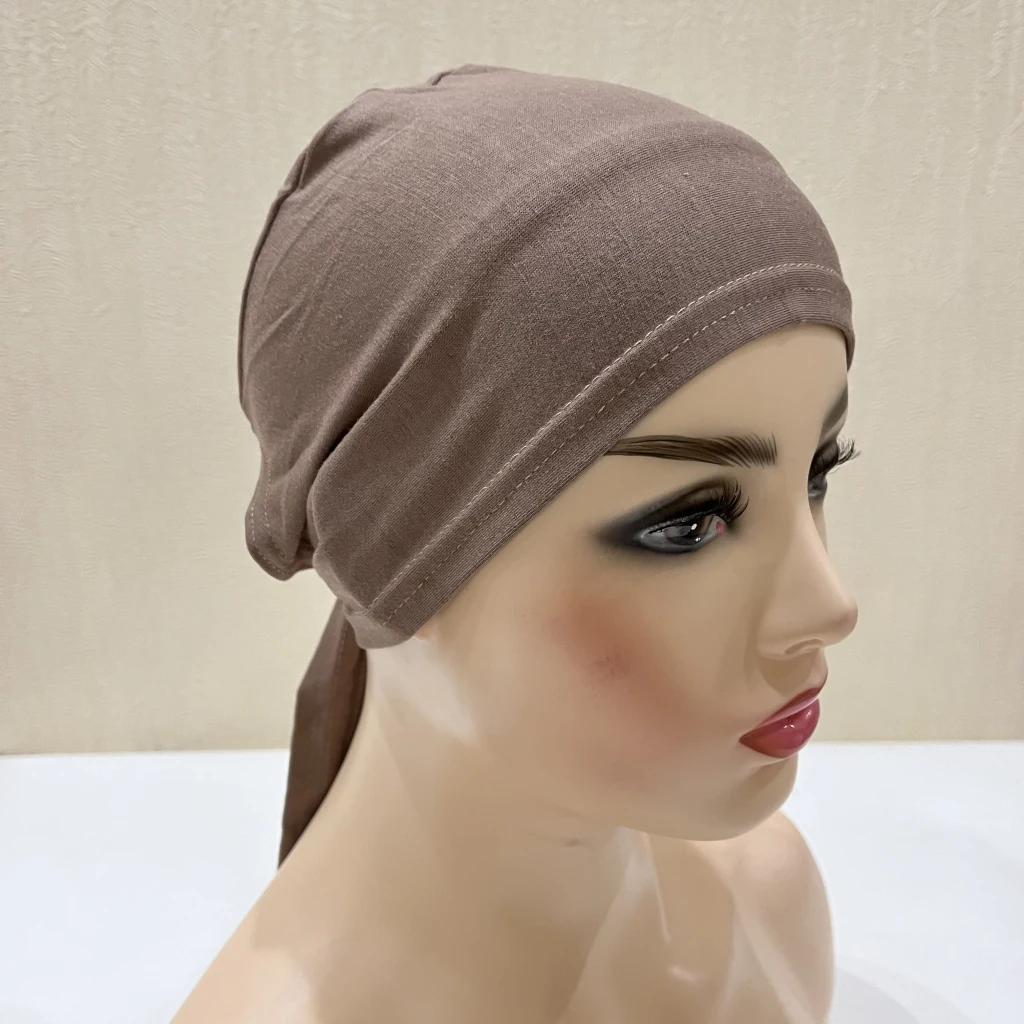 H048 coton uni cravate dos chapeaux Turban musulman couleur Pure extensible intérieur Hijabs sous-éc