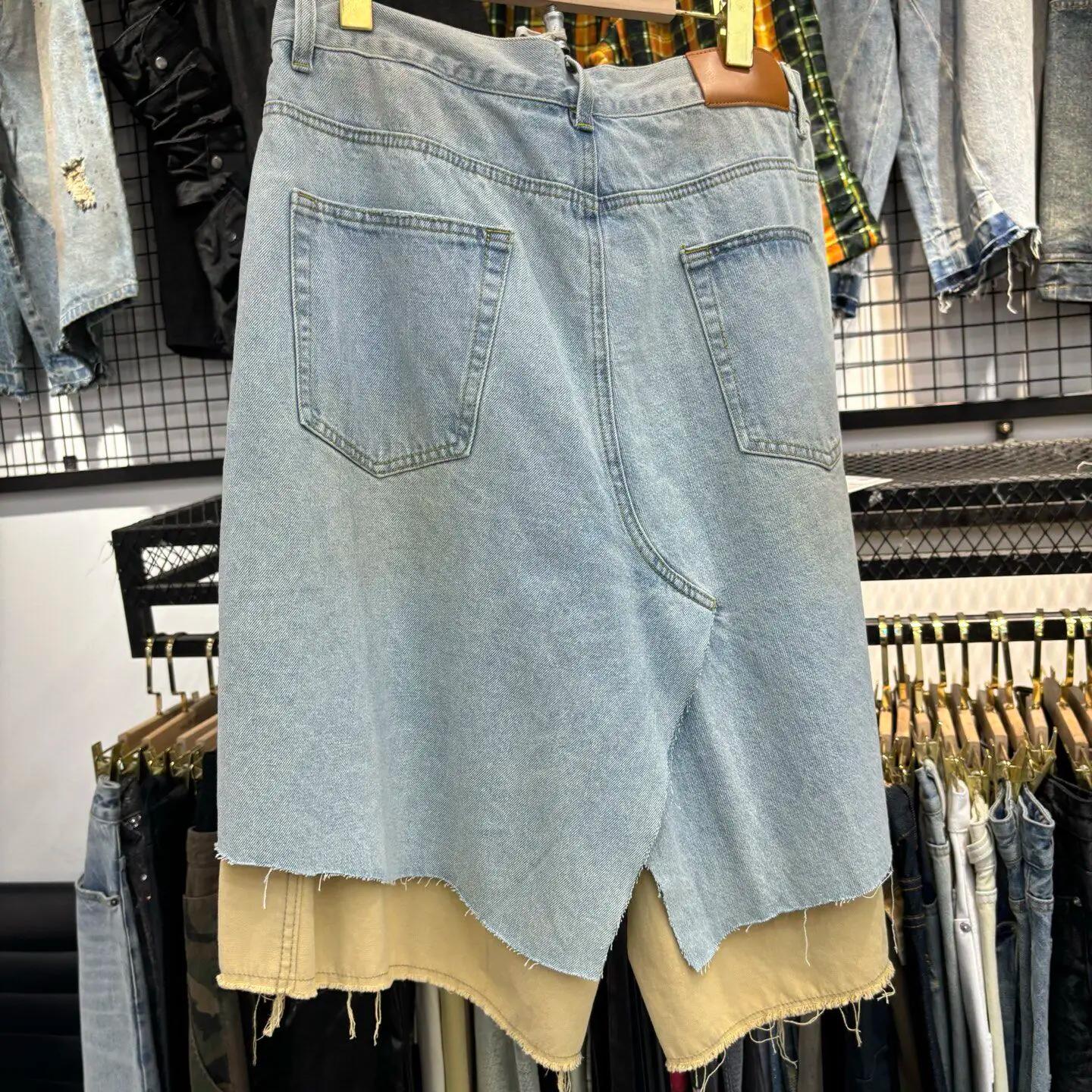 MIJKO – faux short surdimensionné en Denim deux pièces pour hommes et femmes, sept pouces, avec trou