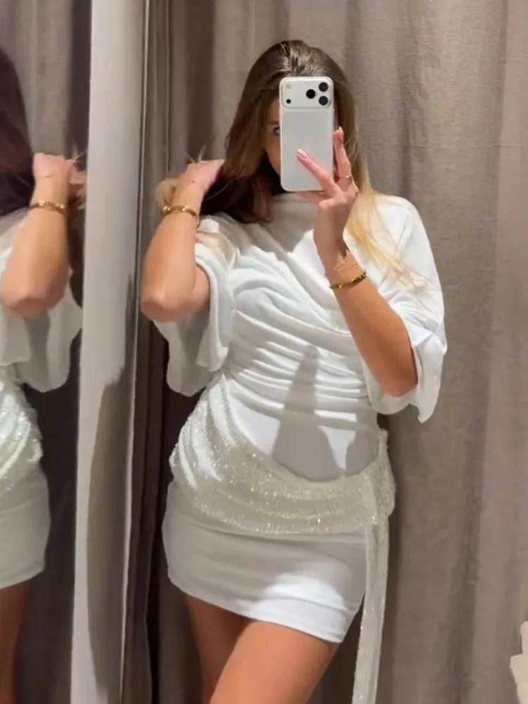 Robe Courte de Soirée HH pour Femme 2026 – Élégante, Blanche, à Manches Courtes, Dos Nu, Décoration 