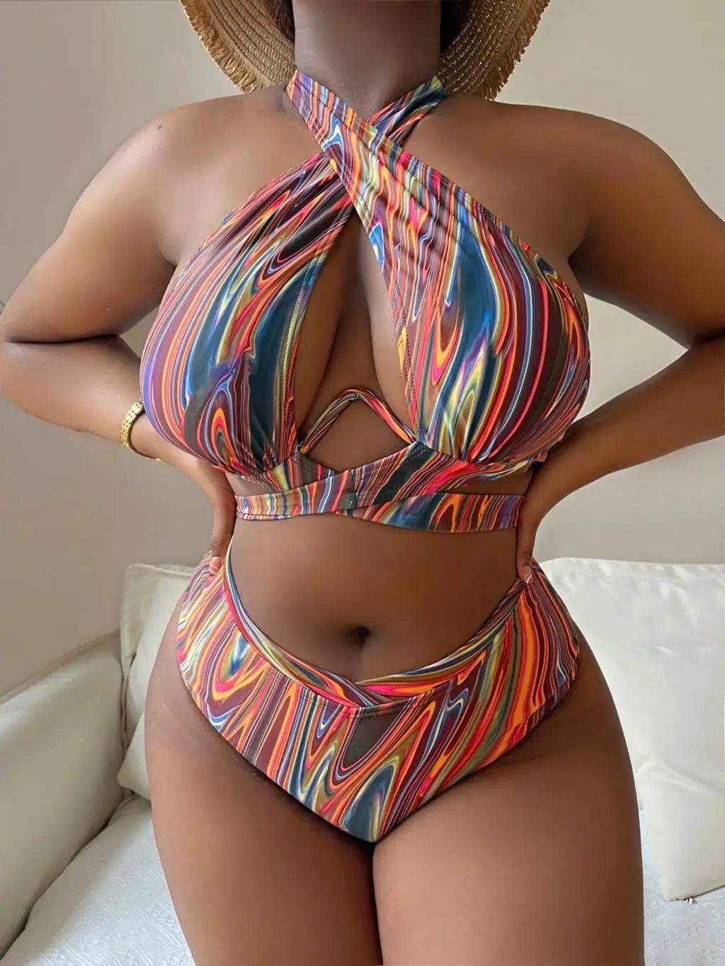 Maillot de bain push-up imprimé 2026 pour femme - Grande taille taille haute pour plage et natation