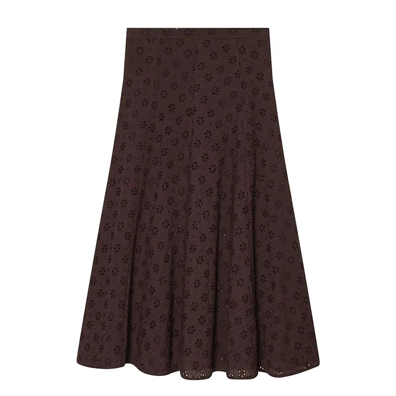YENKYE Nouvelle jupe midi marron brodée ajourée pour femme 2026, décontractée, taille haute, coupe t