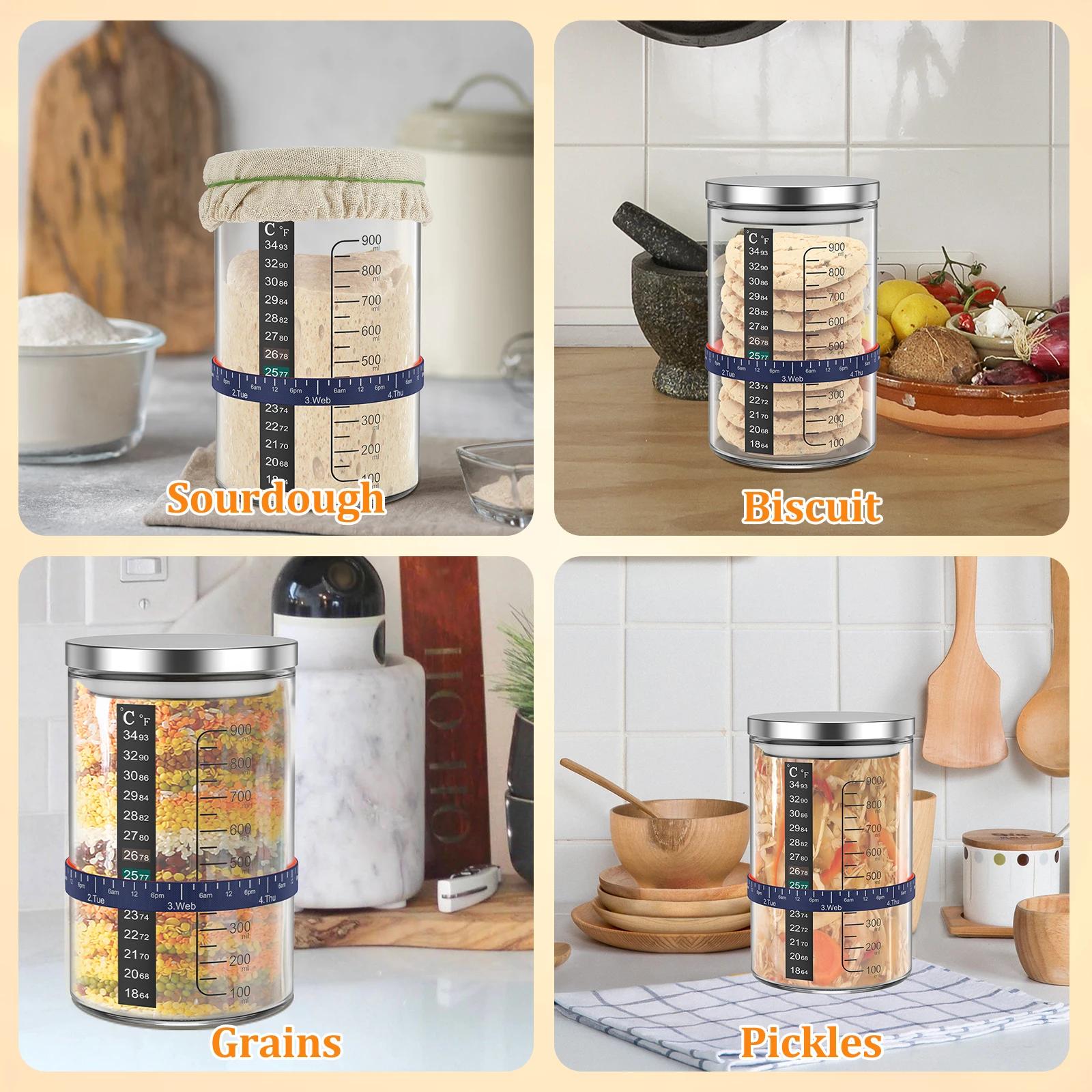 Pot de démarrage à levain 900ml, récipient de démarrage, pot en verre transparent et accessoire, fou