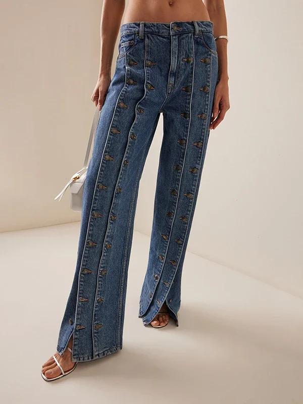 Femmes printemps automne élégant bouton jean pantalon 2025 nouveau Vintage Denim Long Vintage pantal