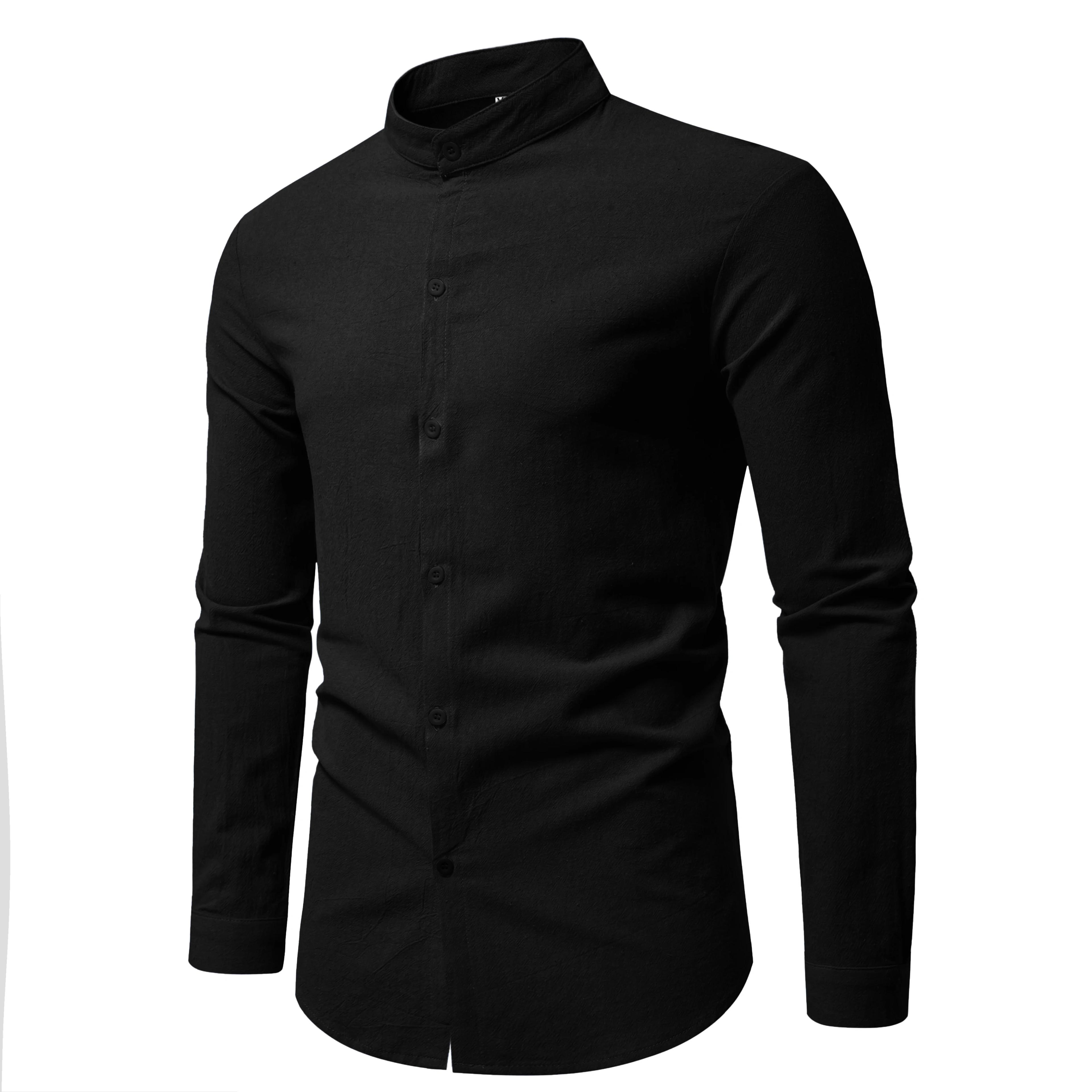 Printemps hommes à manches longues col montant couleur unie chemise décontractée hommes pur coton mo