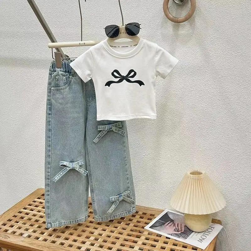 Ensemble d'été fin pour filles, jean à jambes larges et t-shirt pour adolescentes, ensemble de vêtem