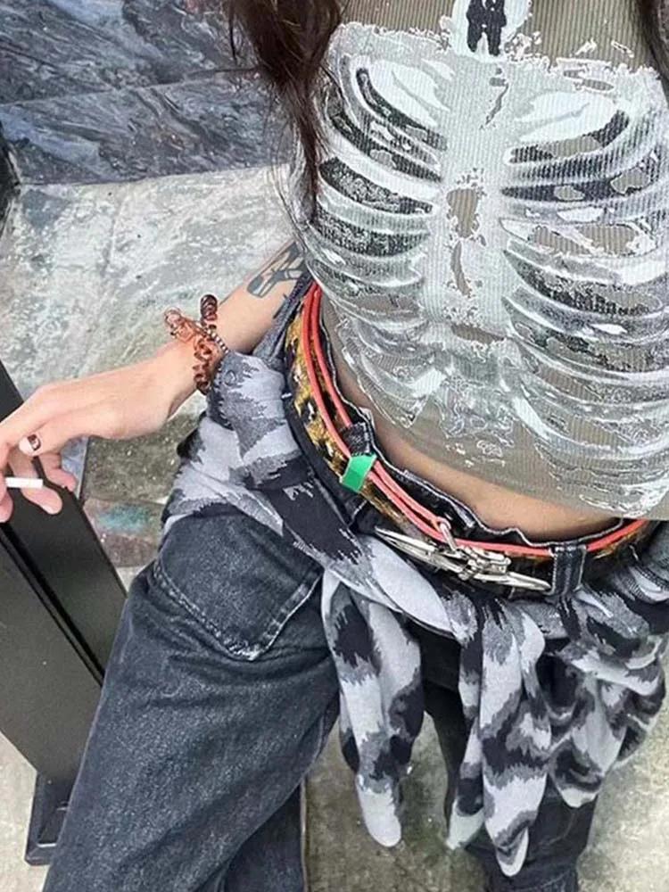 Punk Aesthetic Cyber Retro X-ray Skeleton Print Rib Sleeveless Vest ArmyGreen Crop Top Designer Clot
