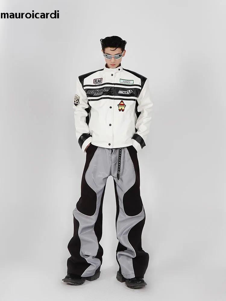 Mauroicardi-Pantalon en cuir PU patchwork doux pour hommes, vêtements de créateur de luxe, long et c