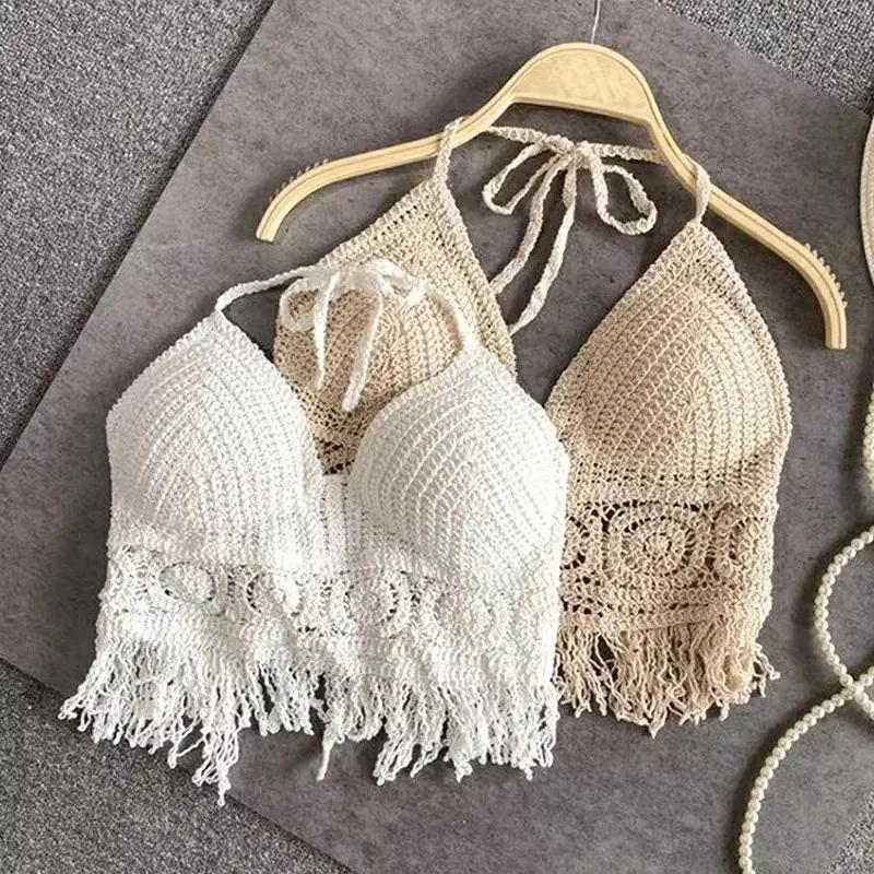 Sexy Boho plage vacances Camisole licou femmes Crochet tricot maillot de bain soutien-gorge dos nu g