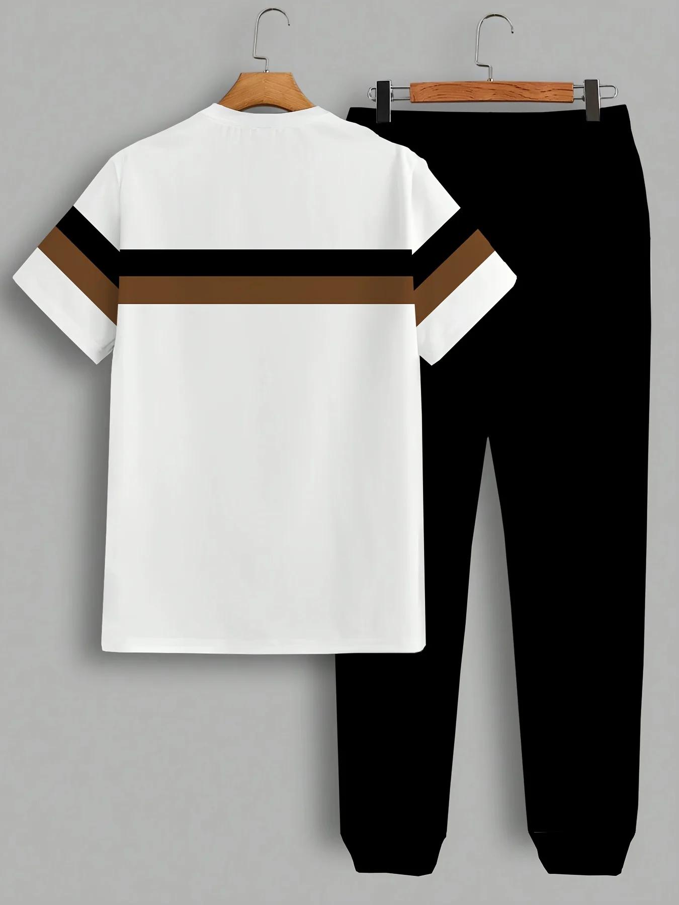 Nouveau beau hommes été rayure imprimé confortable et respirant col rond T-shirt pantalon ensemble v