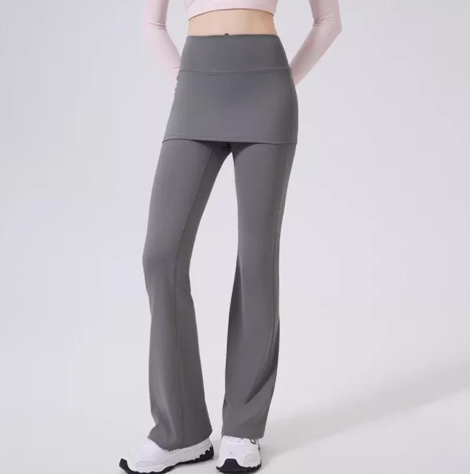 Pantalon faux deux pièces à taille haute légèrement évasé avec jupe intégrée pour femmes, idéal pour