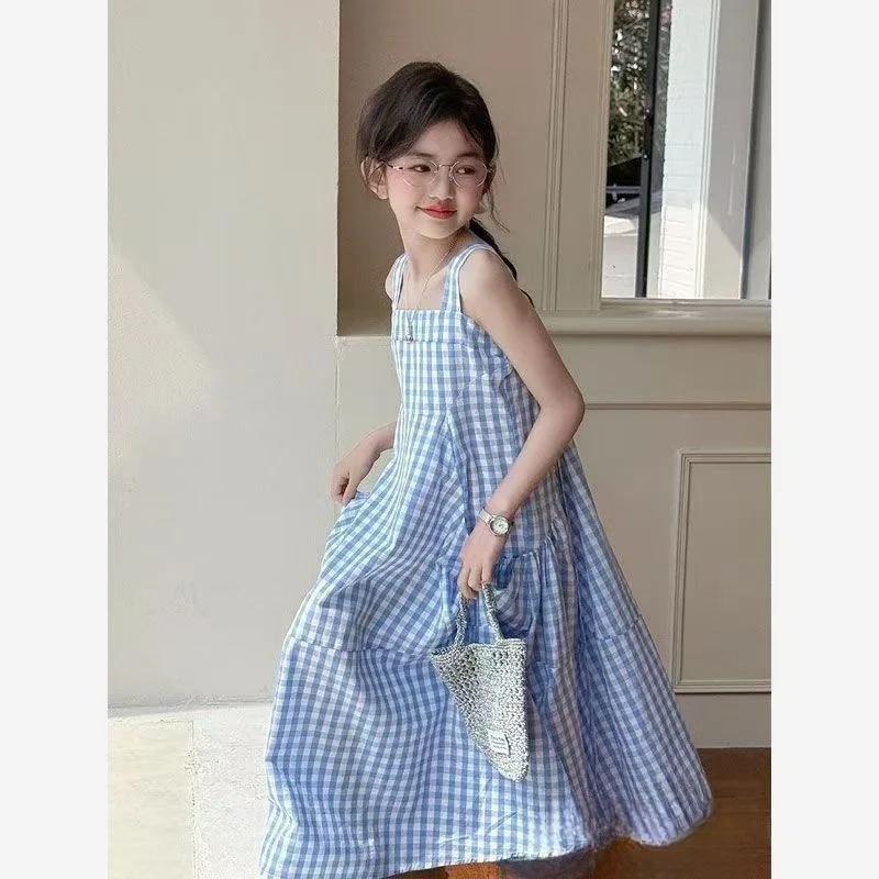 UNITIM – robe d'été sans manches pour filles, en coton, à carreaux bleus, pour enfants de 4 à 14 ans