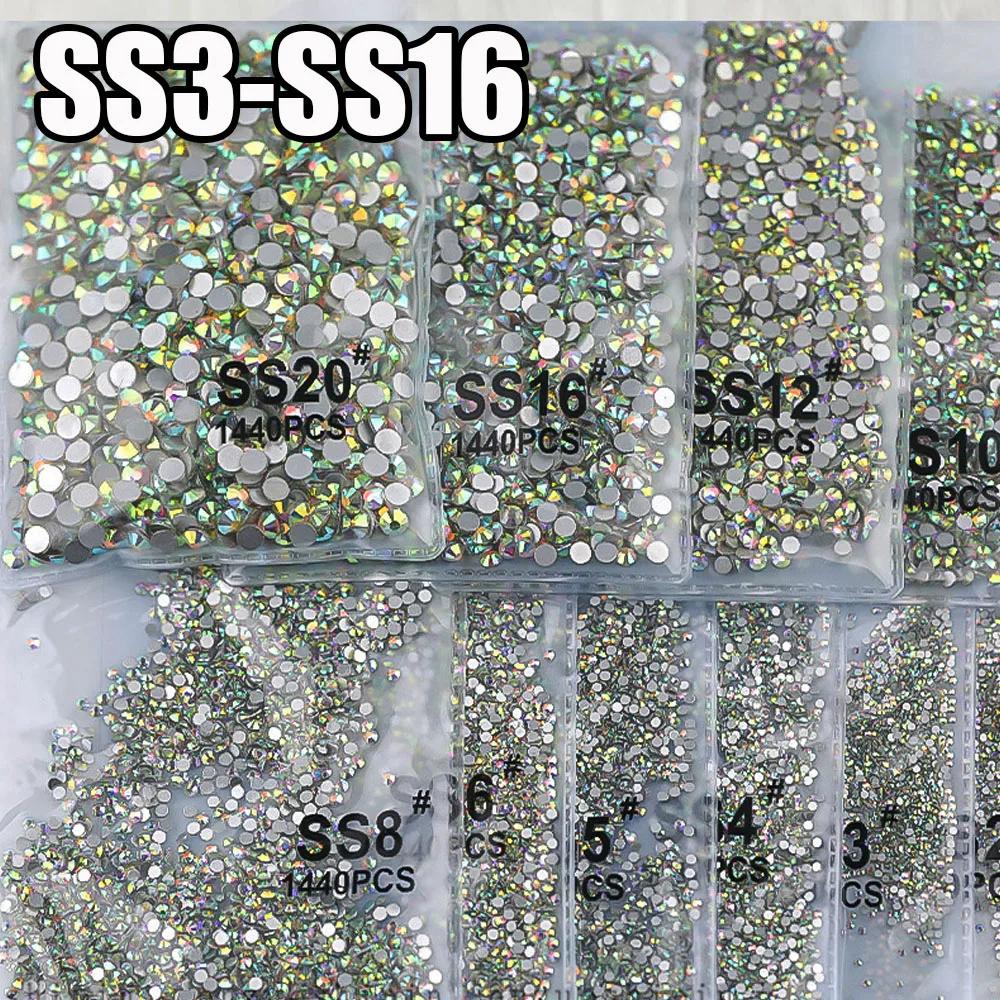 Sachet de 1440 pièces AB/clair rond mini diamant SS3-SS16(1.3-4mm) FlatBack Nail Non-Hotfix cristal 