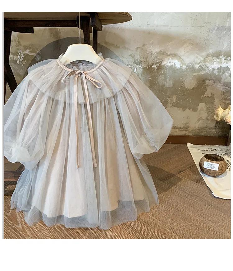 Robe en Tulle de couleur unie pour petites filles, décolleté à volants, nœud papillon au dos, manche