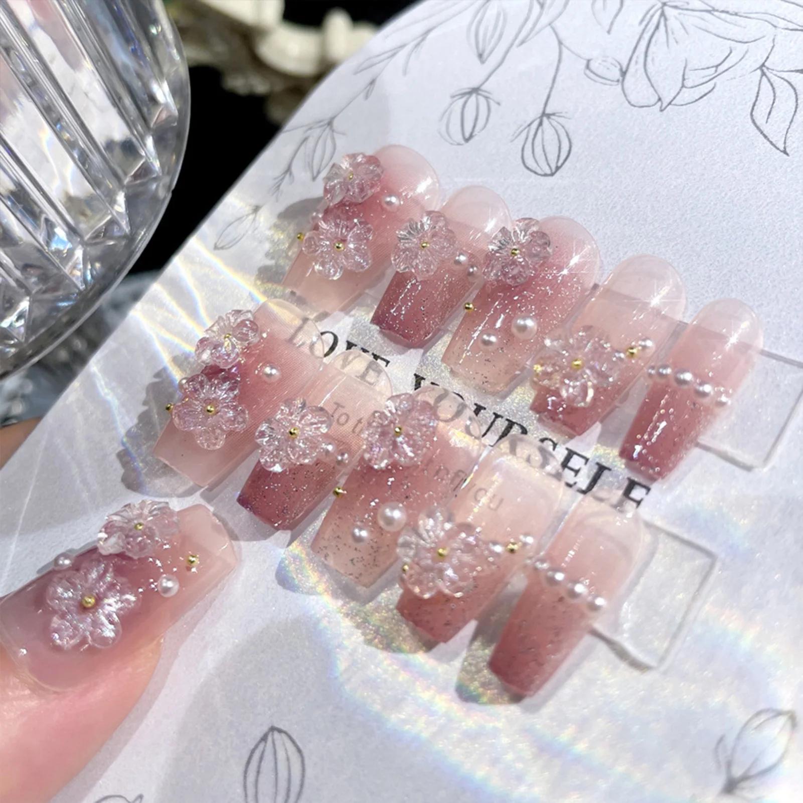 24 pièces faux ongles mi-longs 3D fleur perle conçoit couleur rose chair presse sur ongles ballerine