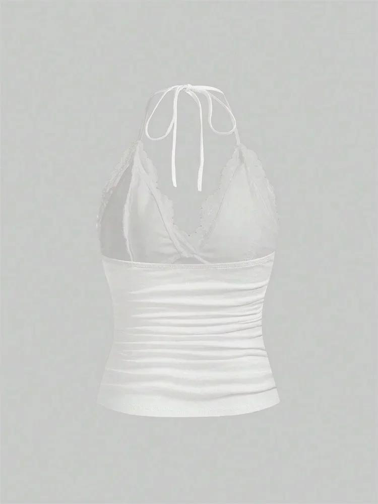 Goth Grunge Punk noir dentelle Patchwork haut à licou femmes été solide froncé dos nu sans manches d