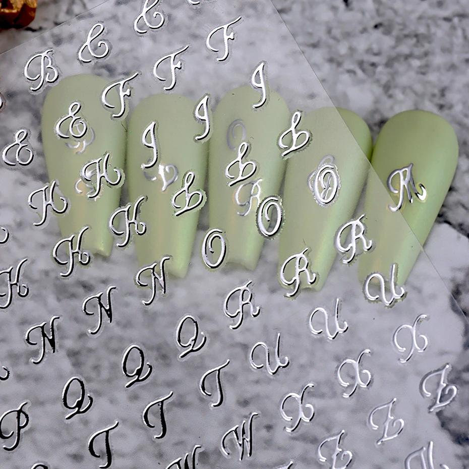 Autocollants pour ongles avec lettres romaines, 4 pièces, doré, argent, noir, blanc, Design Alphabet