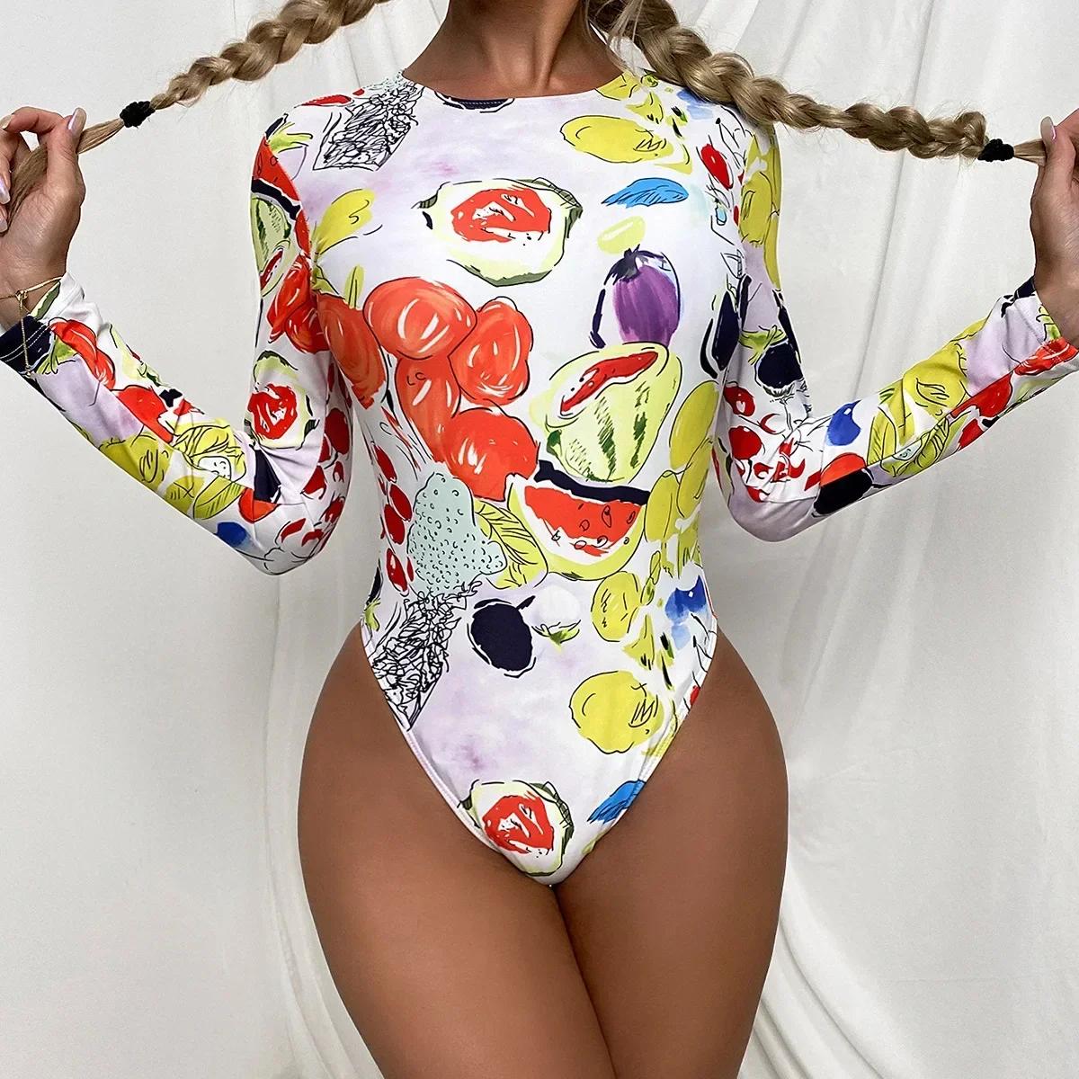 Maillot de bain une pièce sexy 2026 pour femme, manches longues, dos nu, imprimé légumes et fruits,
