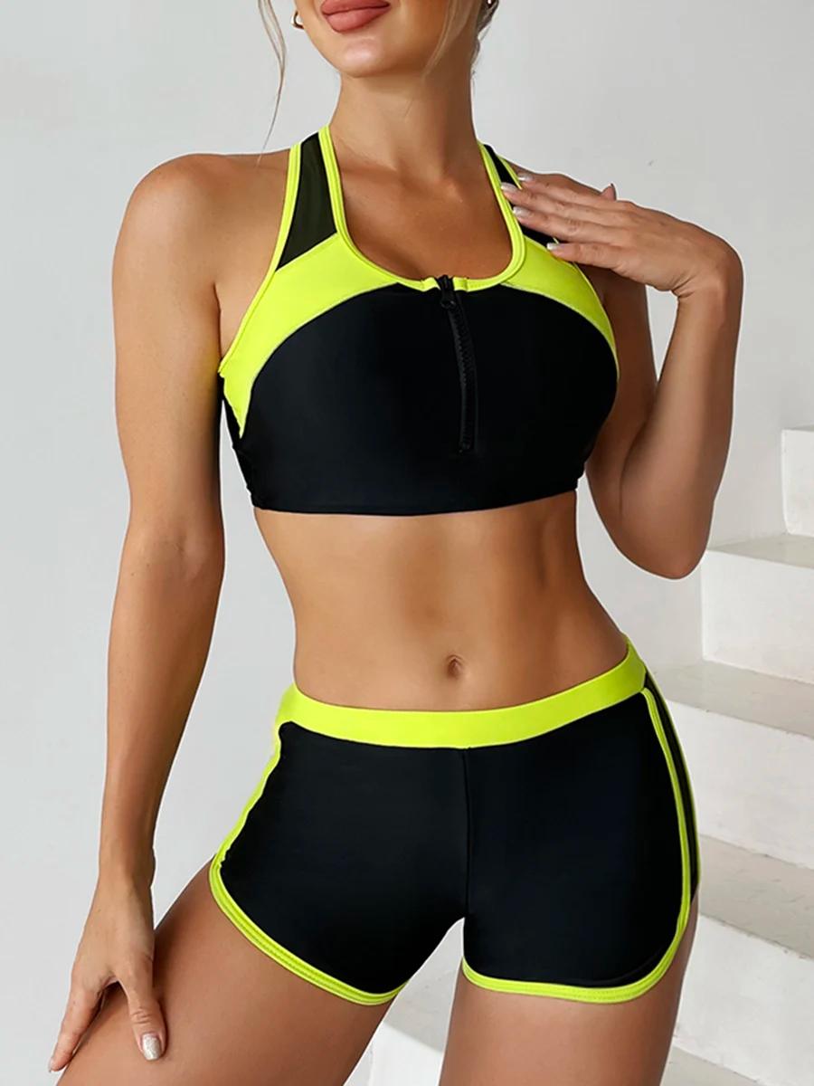 Bikini deux pièces zippé 2026 avec short pour femme - Tenue de plage sportive estivale