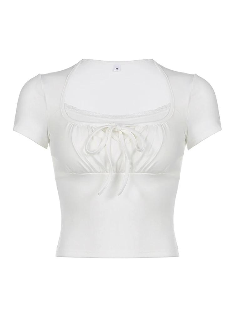 T-shirt tricoté blanc décontracté pour femmes, patché en Lac, Style coréen Y2K, Slim, à nouer, fronc